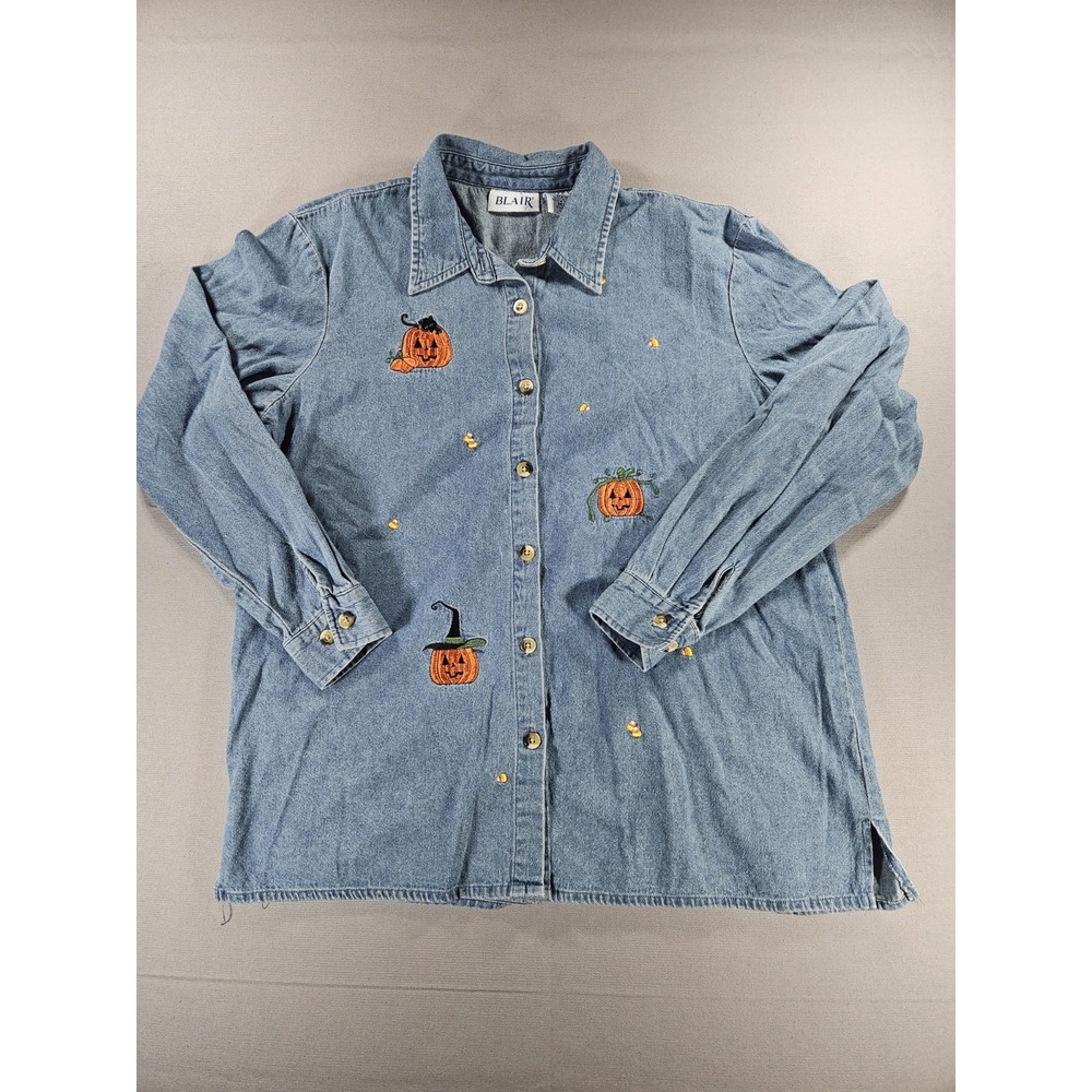 Blair Halloween Pumpkin Embroidered Denim Blue Jean Button Up Shirt Womens M